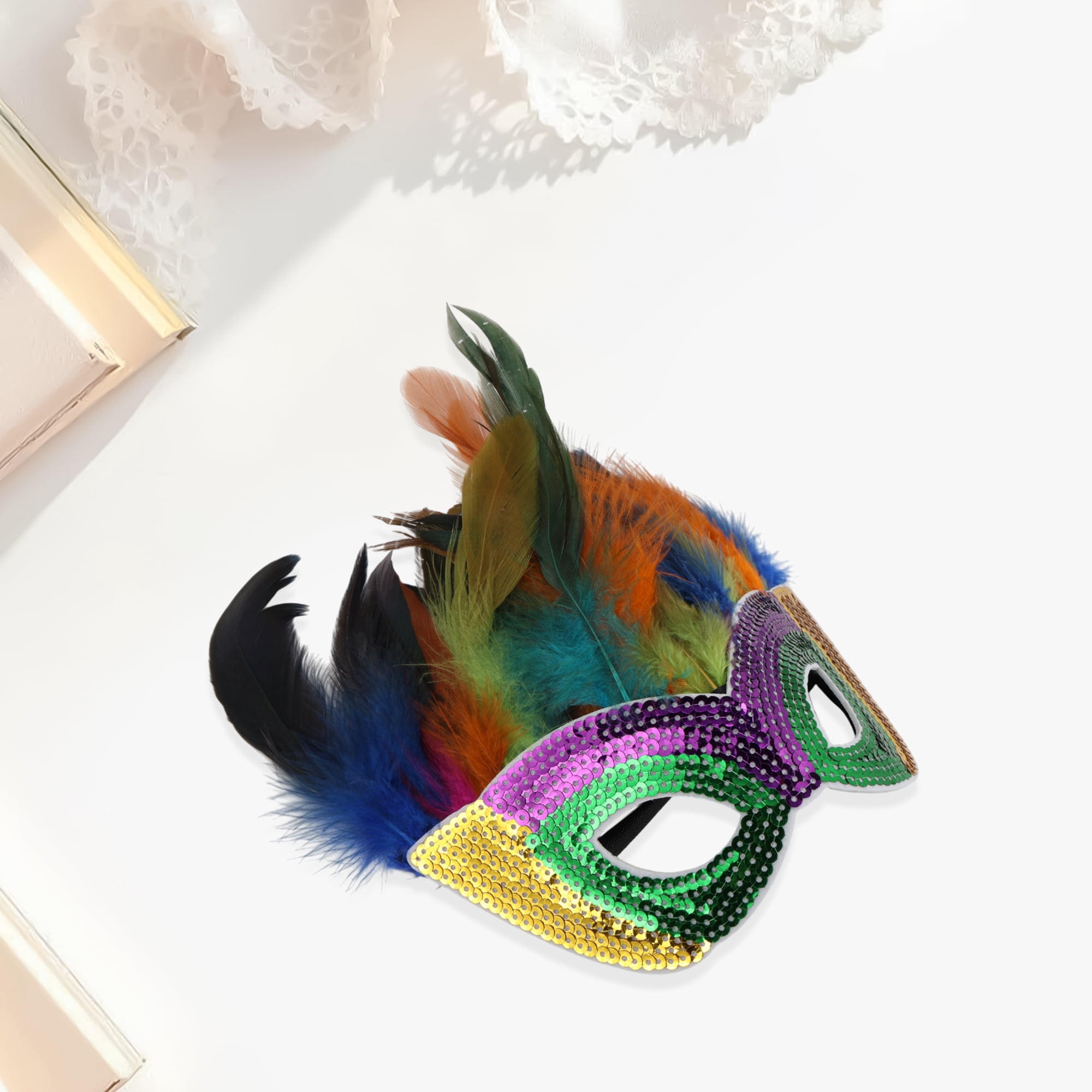 Unique Bargains 1 Pack Elegant Sequined Feathers Party Mask Multicolored