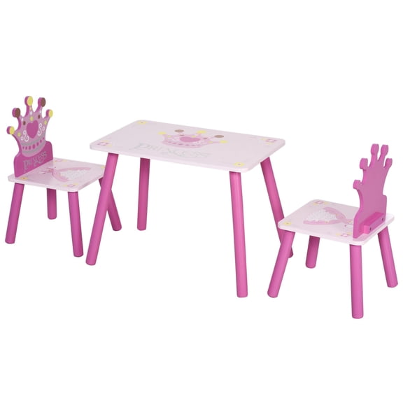 Pink Princess Kids Table and Chair Set, 3-Piece Wooden Toddler Desk for Girls Ages 3-8, Crown Design Playroom Furniture