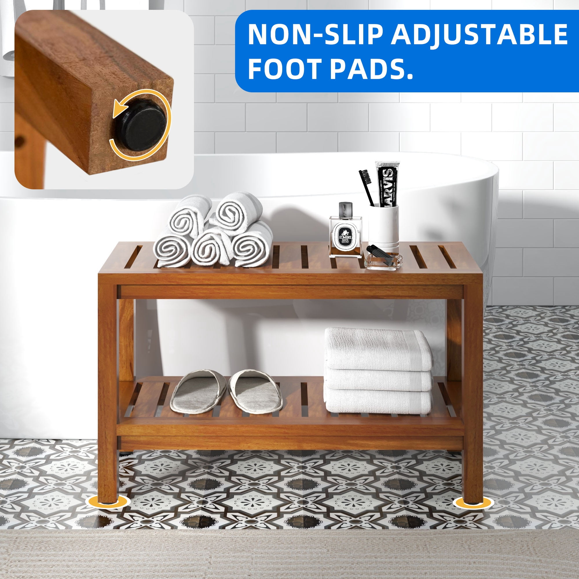 Uforic 30" Shower Seating Bench with Storage Shelf, Teak Wood Shower Stool with Non-Slip Pads, Brown