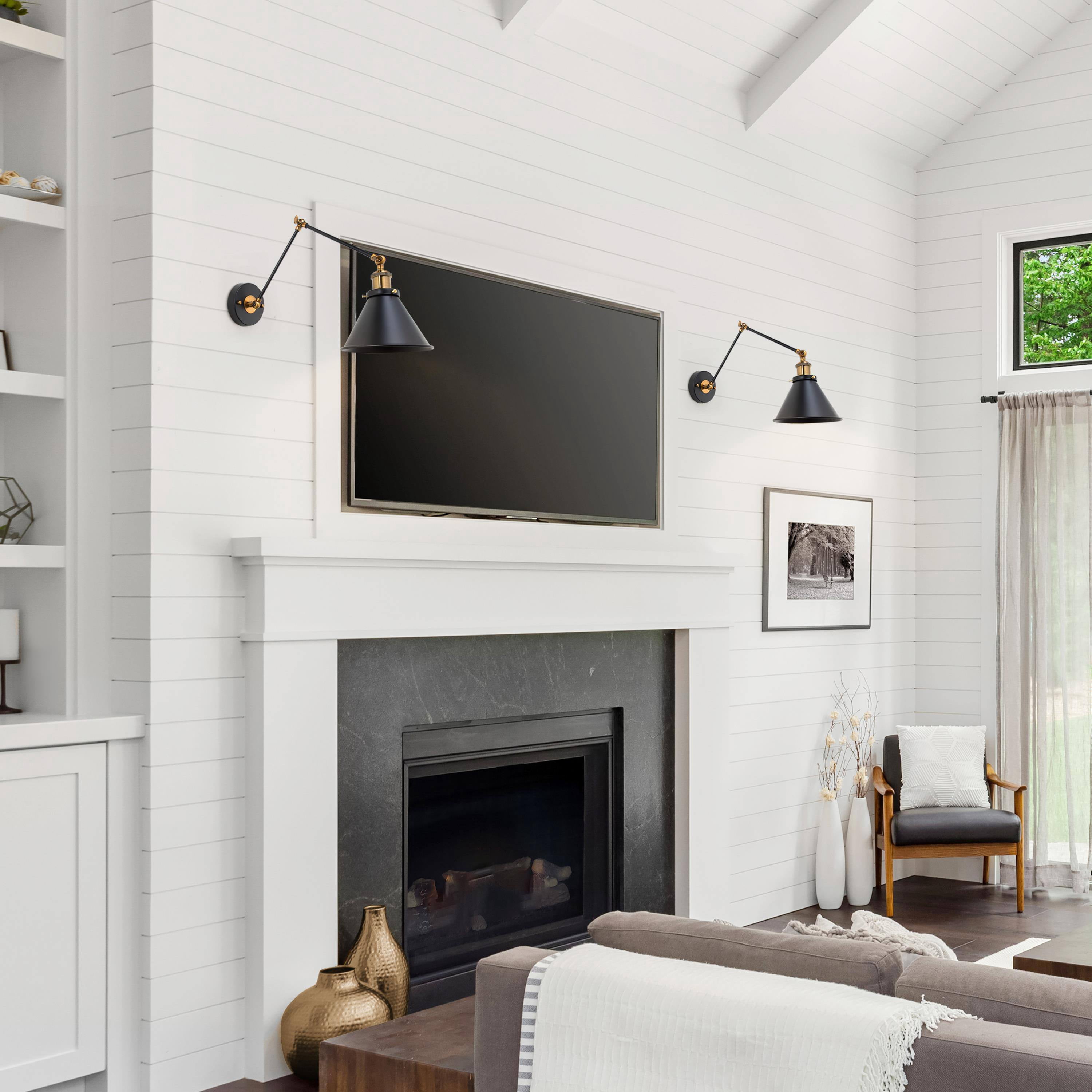LNC Set of 2 Black Swing Arm Wall Lamps, Plug-In or Hardwired Adjustable Light Fixtures