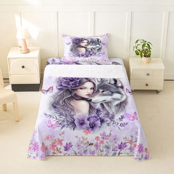 Manfei Romantic Floral Lady Twin Sheets,Gray Wolf Bedding,3 Pieces,1 Fitted Sheet and 1 Pillowcase