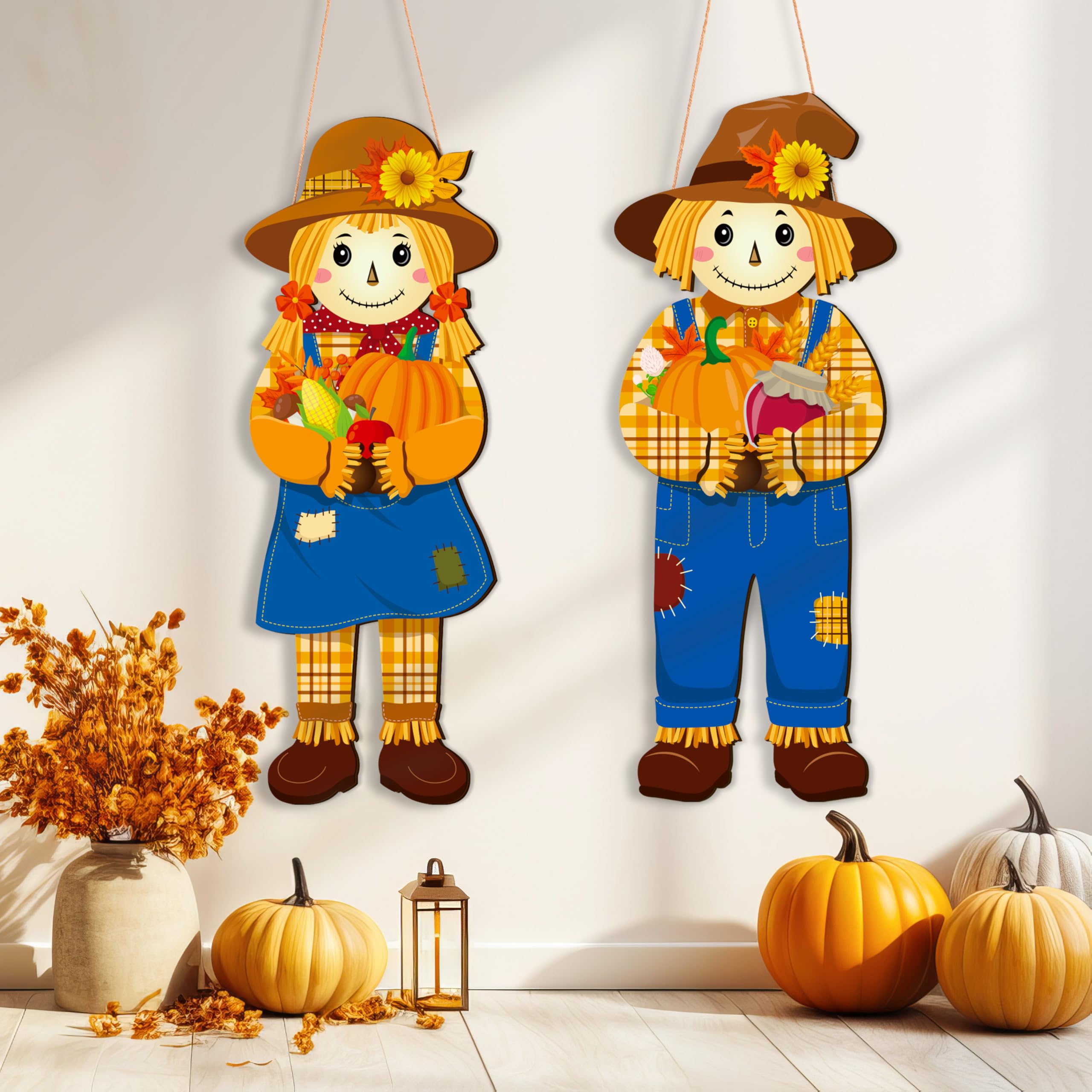 2pcs Fall Thanksgiving Scarecrow Sign Decorations Outdoor For Front 