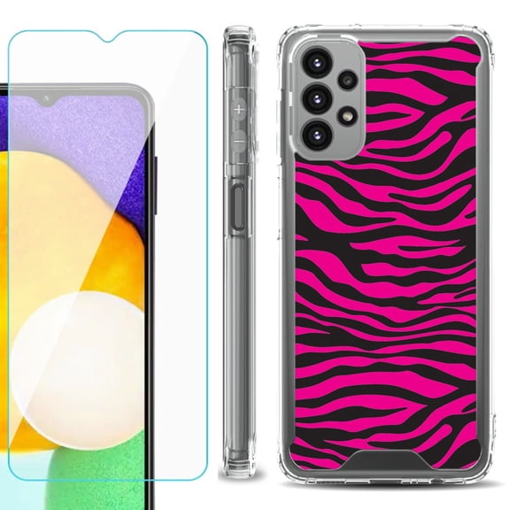 Shockproof Bumper Phone Case for Samsung Galaxy A23 5G, with Tempered Glass Screen Protector, by OneToughShield ® - Zebra Pink