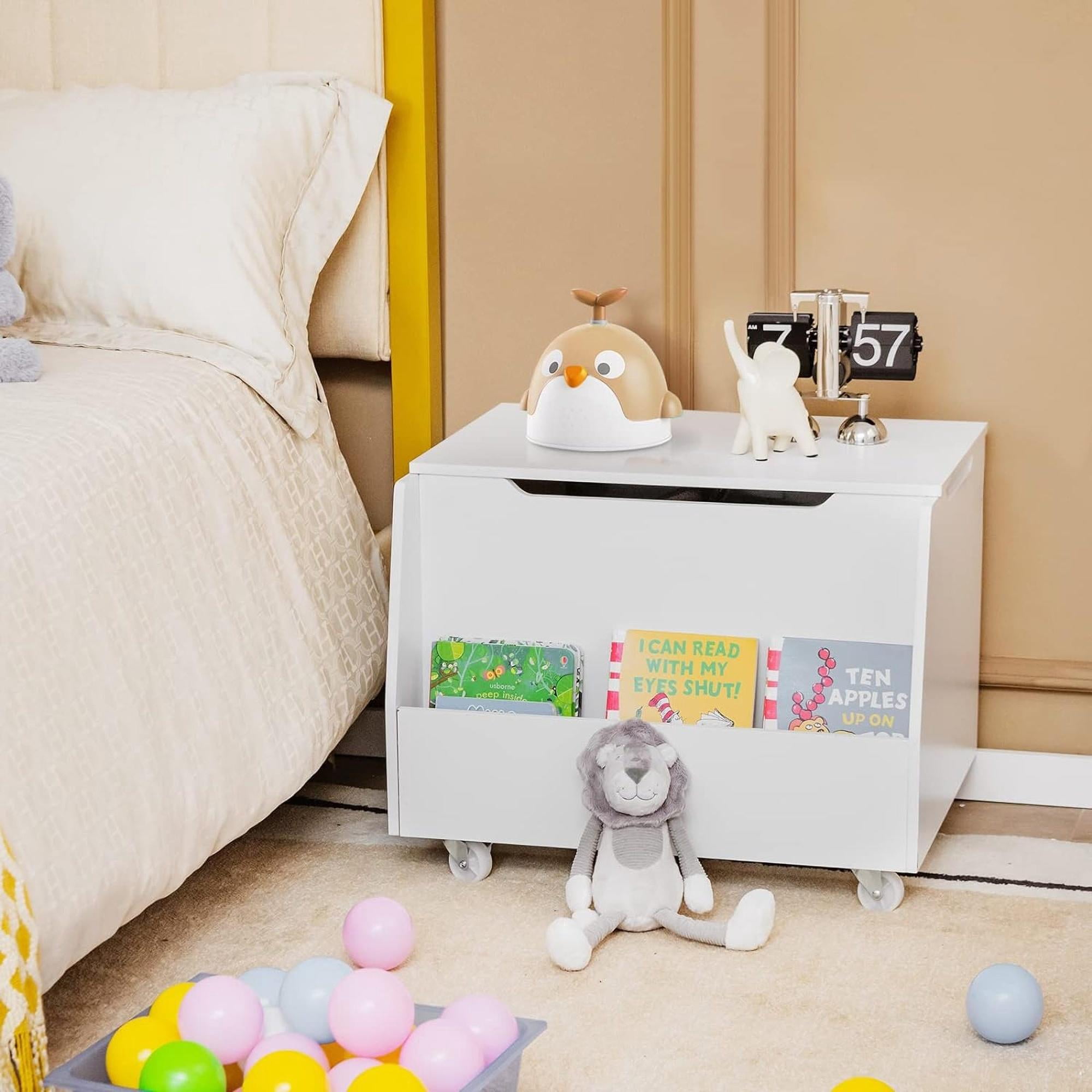 Glavbiku Wood Toy Box with 4 Wheels,Kids Toy Storage Organizer with Flip-Top Lid for Playroom,White