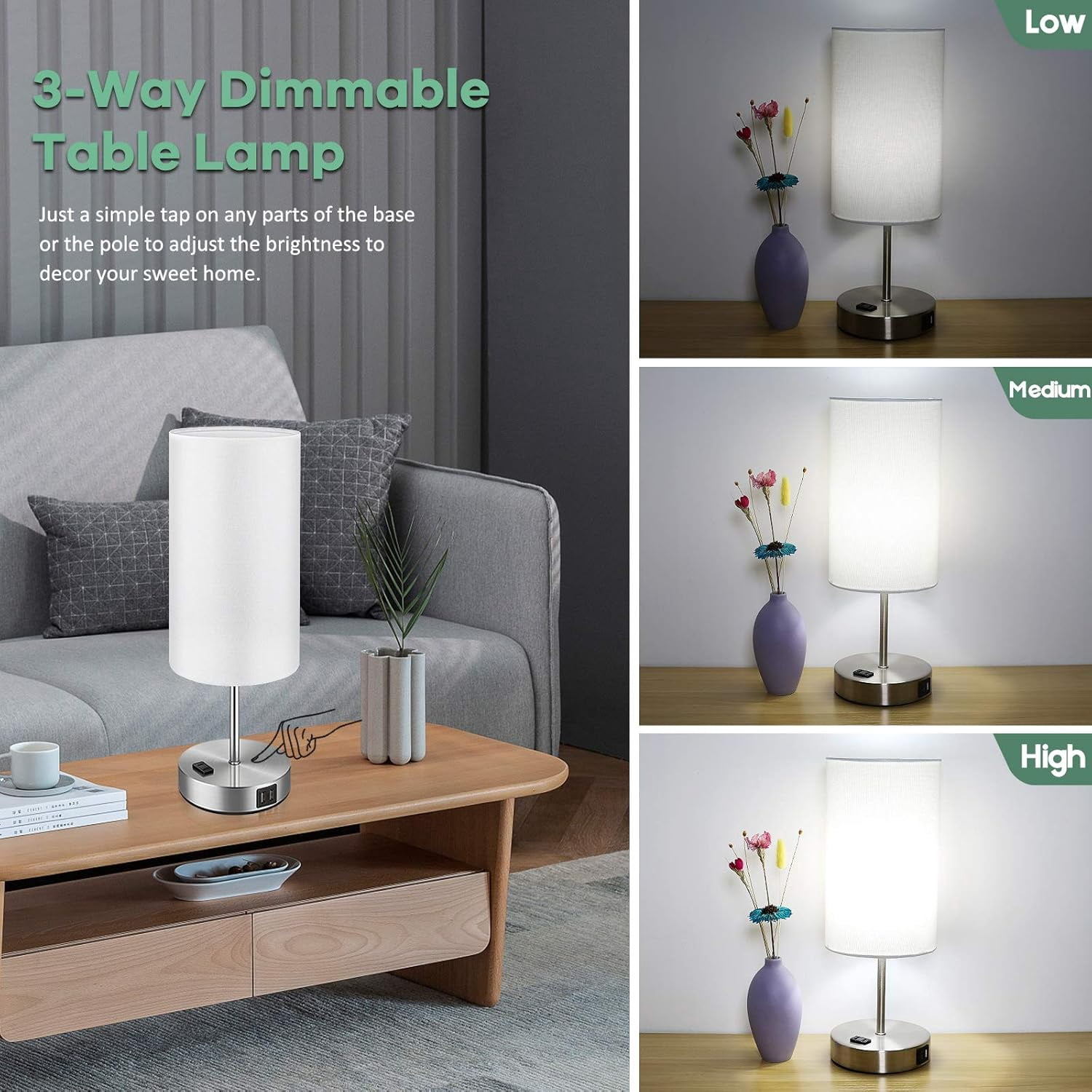 Nordic Hygge Set of 2 Touch Control Dimmable Table Lamps with 2 USB Charging Ports&AC Outlet