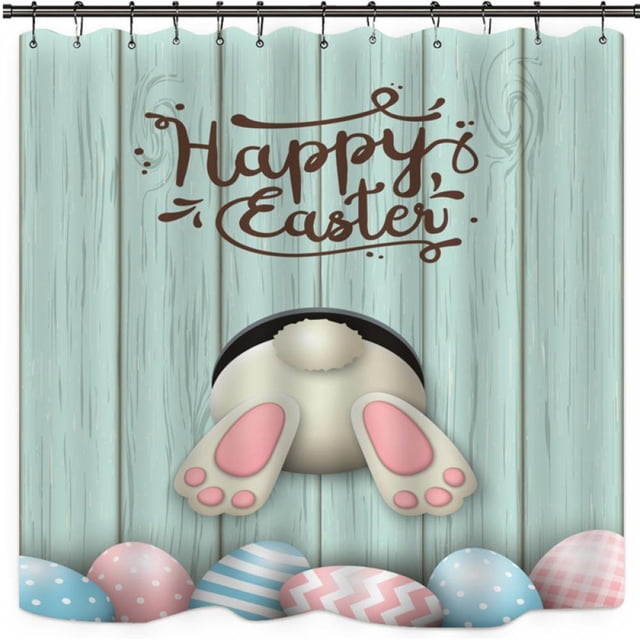Waterproof Rabbit Easter Eggs Shower Curtain 4 Piece Bathroom Toilet Mat U-pad Set