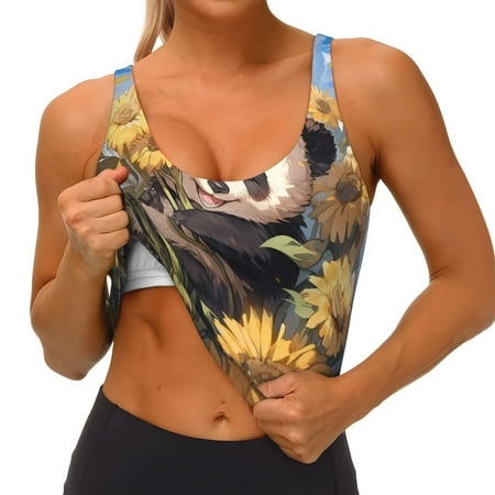 Qokaie Clear Sky Cute Sunflower Panda Pattern Womens Scoop Neck Sports Bra Breathable Workout Vest Padded U Back Medium Impact Fitness Gym Yoga Bra Workout Crop Top