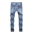 thumbnail image 4 of WTOBBY Men's Frayed Hem Ripped Jeans Slim Fit Washed Denim Pants with Distressed Details - Solid Color Casual Trousers Design for Urban Streetwear Expression Comfort Fit,Light Blue S, 4 of 5