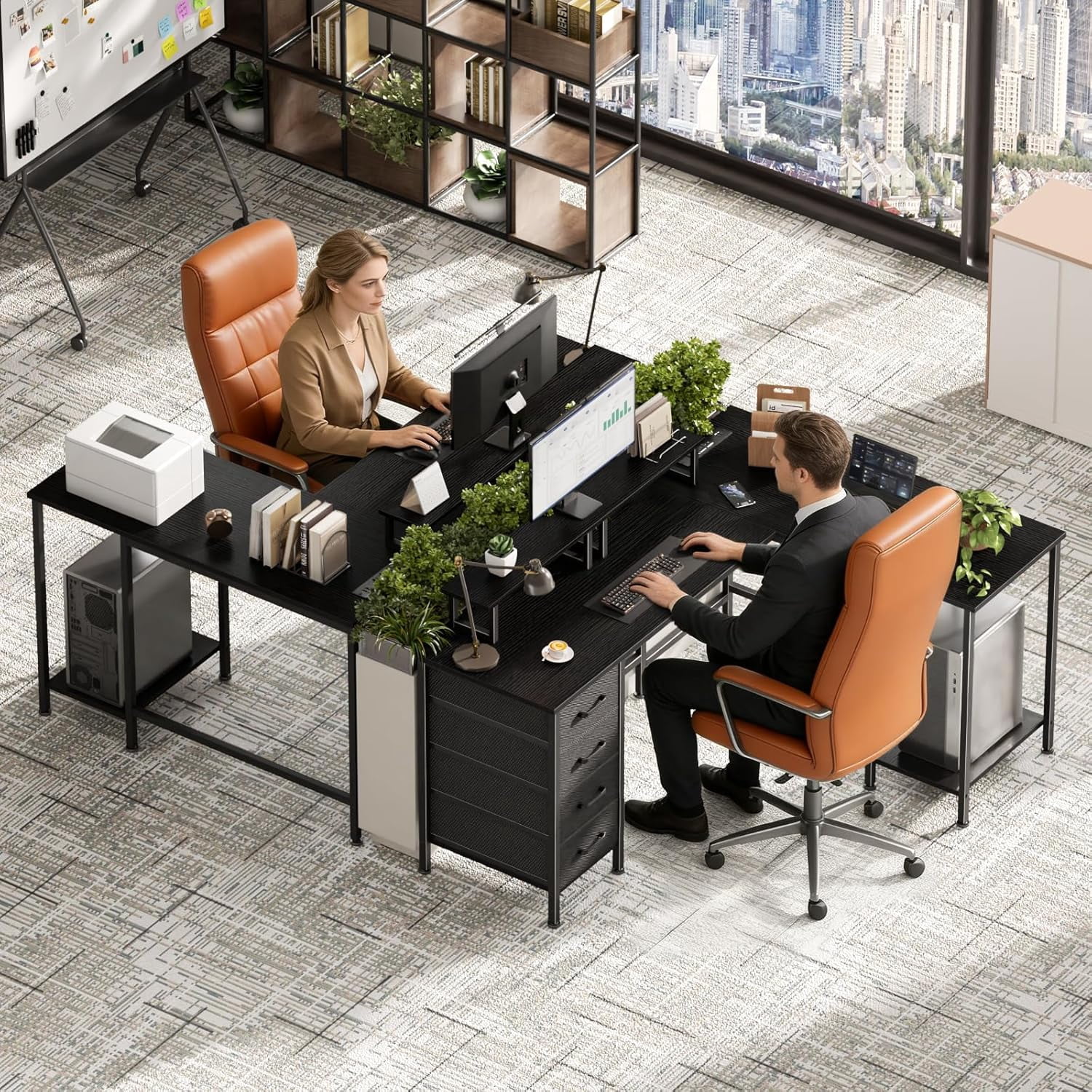 FeGeMax 59 inch L Shaped Computer Desk with Power Outlets, Home Office Desk with 4 Adjustable Storage Drawers & 2 Monitor Stands, Two Person Gaming Table for Bedroom, Black
