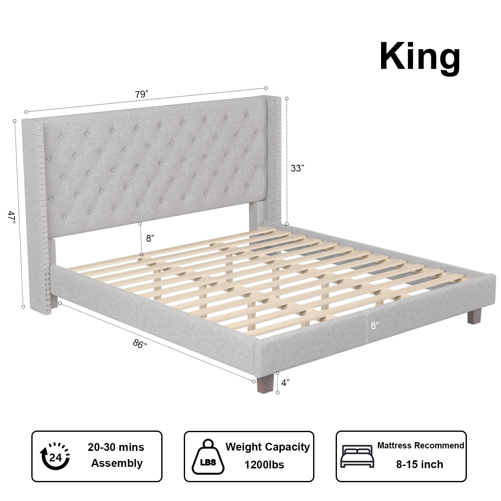 Nathaniel Home, King Bed Frames Upgrade, Linen Upholstered Platform Bed, Diamond Beds Frame for Bedroom, with Fabric Button Tufted Headboard, Gray