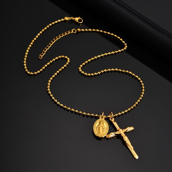 Cross Oval Virgin Mary Pendant Necklace for Men Women, 14K Yellow Gold Religious Faith Adjustable Necklaces New