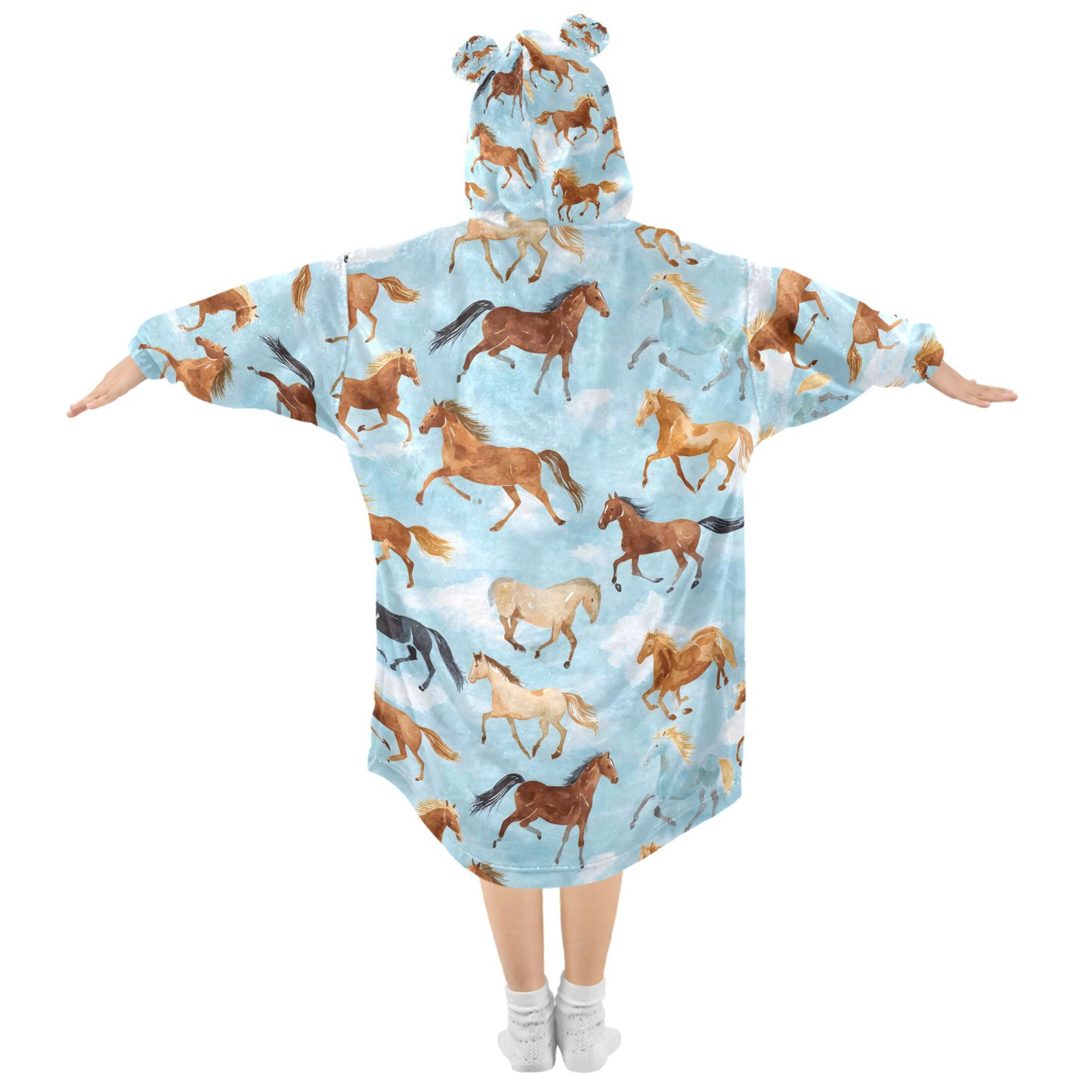 joogoo Wearable Blanket Hoodie for Running Horse Blue Flannel Sherpa Pocket 3-14 YR S