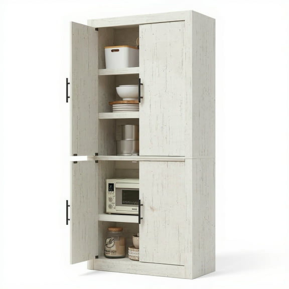 Garvee Farmhouse Pantry Cabinet, 4 Wooden Doors, Adjustable Shelves, 70.4 x 30x 14.5", White