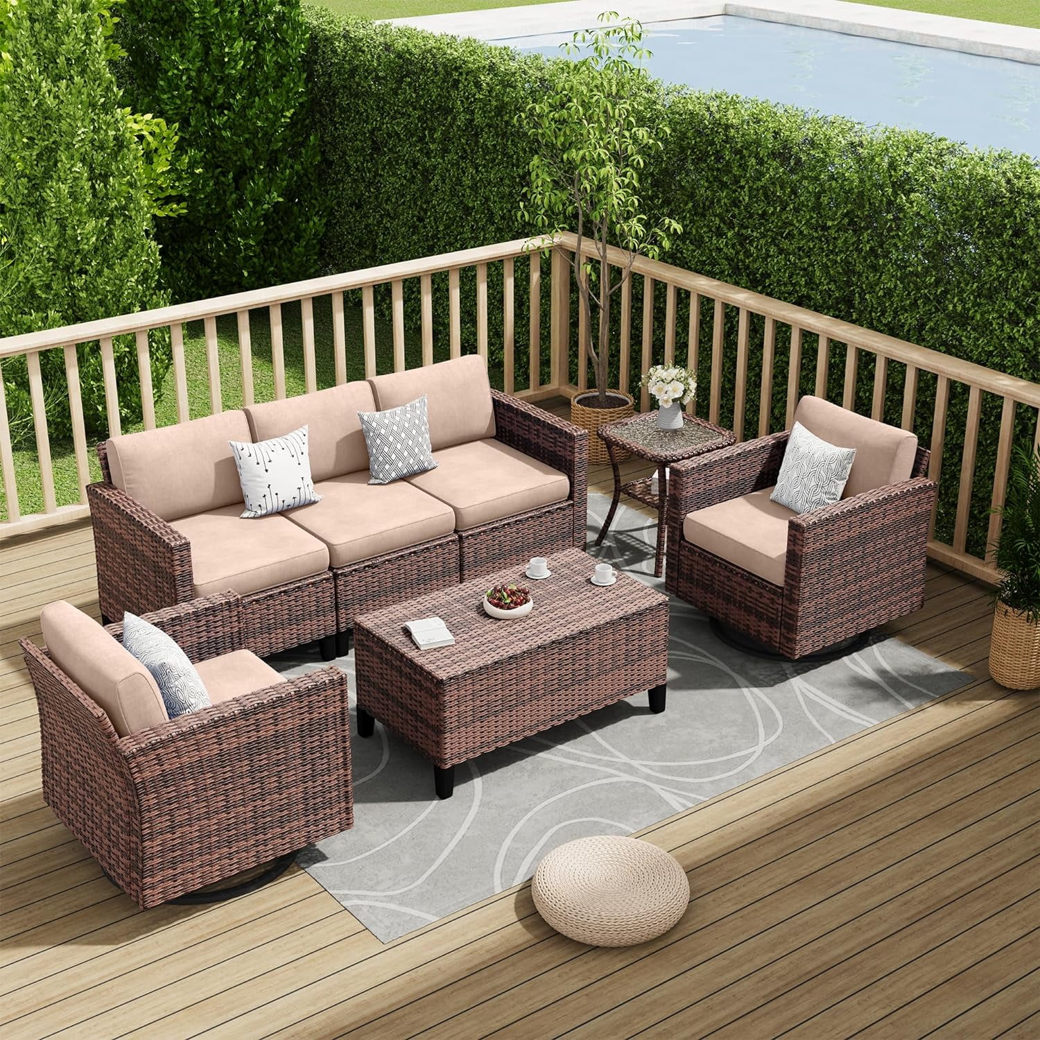 ELPOSUN 7-Piece Rattan Outdoor Patio Furniture Set with Swivel Chairs and Storage Table, Beige