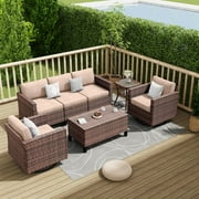 ELPOSUN 7-Piece Rattan Outdoor Patio Furniture Set with Swivel Chairs and Storage Table, Beige