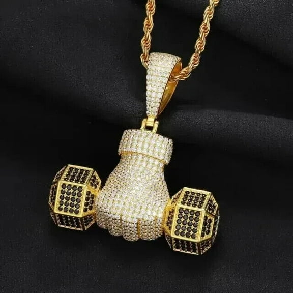 Aishvi Jewels 2 Ct Round Cut Simulated Diamond Dumbbell Men's Pendant Necklace With 18" Chain 14K Yellow Gold Plated Silver