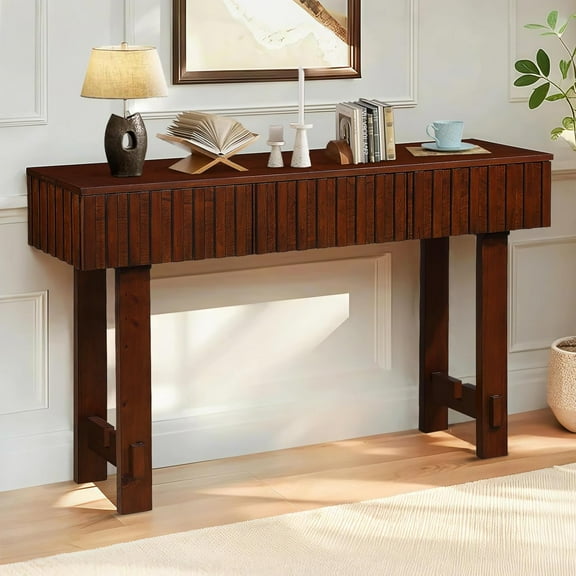 Solid Wood Console Table with 3 Drawers, 52 inch Entryway Table with Fluted Drawers Wooden Hallway Tables for Living Room Hall Entrance, Cherry