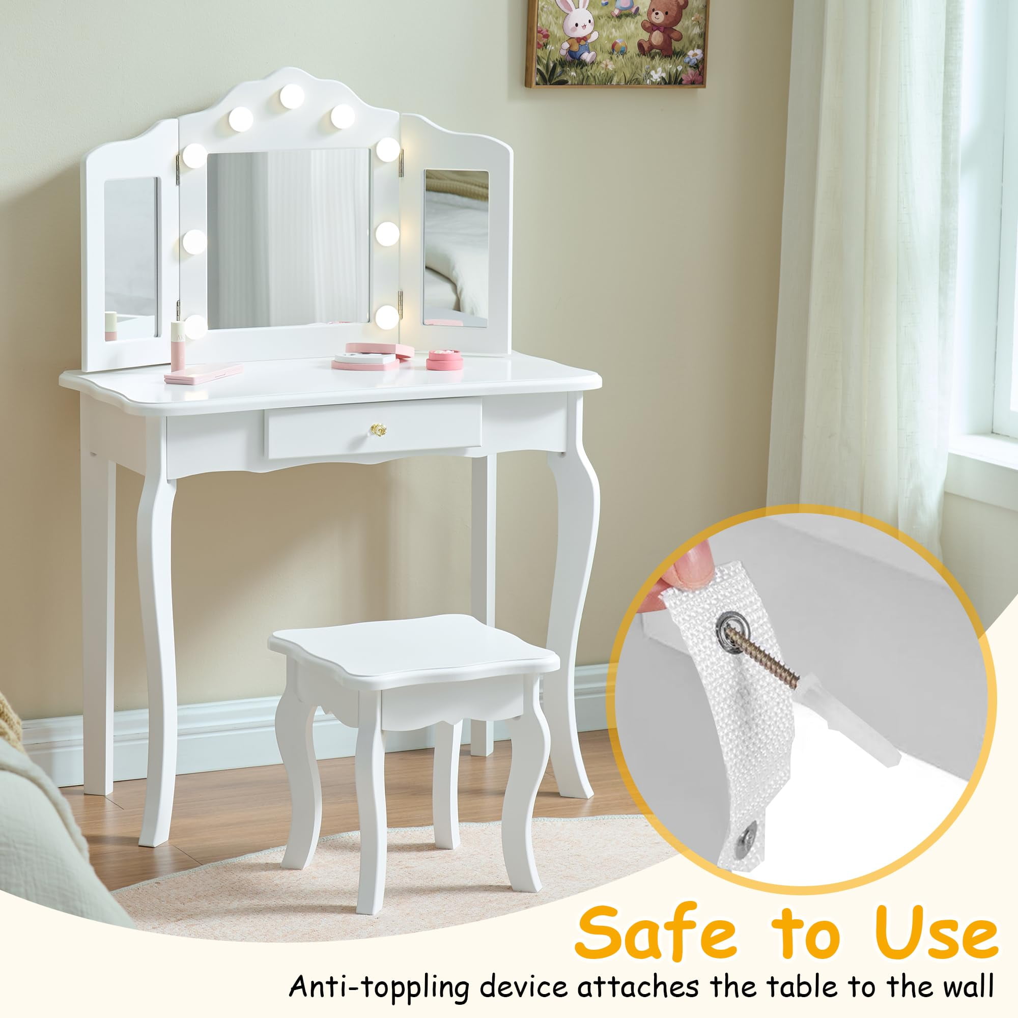 Kids Vanity, Little Girls Vanity Set with Stool and Light, 2 in 1 Wooden Kids Vanity Table and Chair Set, Princess Makeup Table with Drawer for Girls