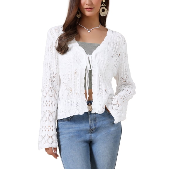 DARING DIVA Women's Crochet Bolero Shrug Long Sleeve Tie Front Cardigan S White