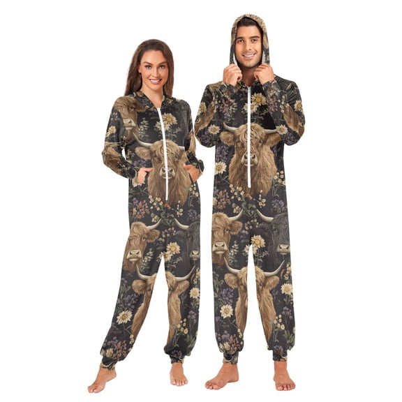 FORMRS Onesies Pajama for Adults Unisex Hoodie Winter Jumpsuit One Piece Sleepwear, Sizes S-2XL, Cows and Flowers