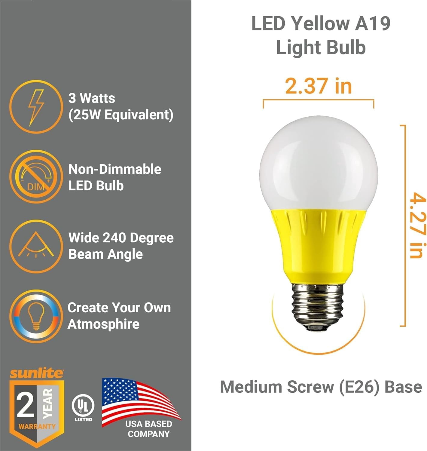 Diodesy- Pack of 2 A19/3W/Y/LED Yellow LED Bug Light Bulbs, A19 Colored Light Bulb for Bug Light, Porch, Bedroom, Holiday Party Decoration, 3W (25w Equivalent), E26 Medium Base, Non-Dimmable UL Listed