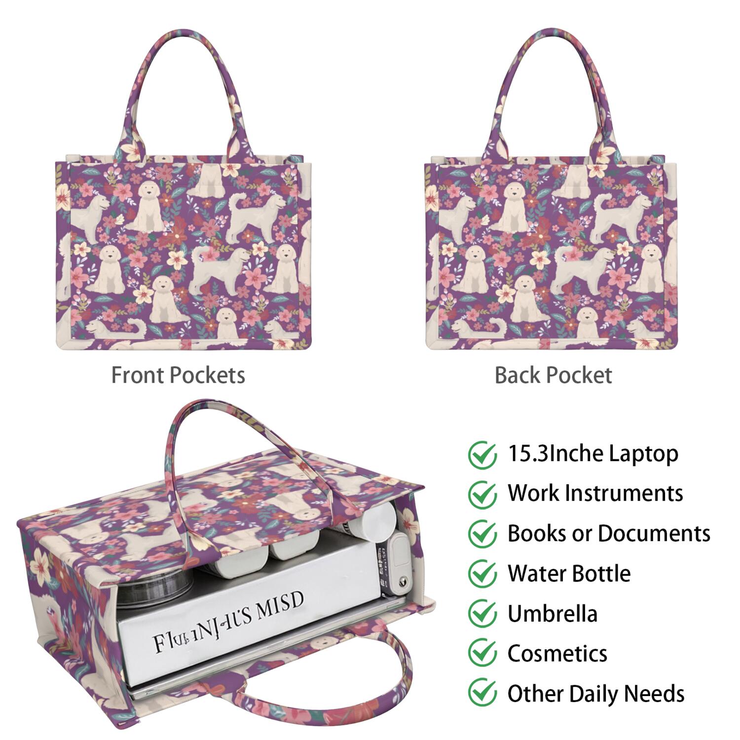 Large Capacity Tote Bag,Goldendoodle Dog and Flower Floral Handbag Fashion Luxury Tote Bag,15.7"x13"x 5.1" Inches,Laptop Compatible