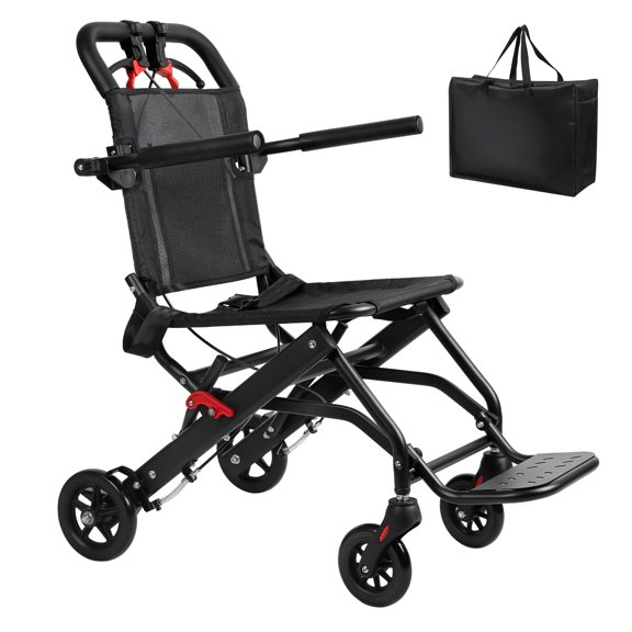 YiJin Foldable Transport Wheelchair for Adults, Ultra-Lightweight Aluminum Alloy Frame, Flip-Up Armrests & Safety Belt, Supports 286lbs