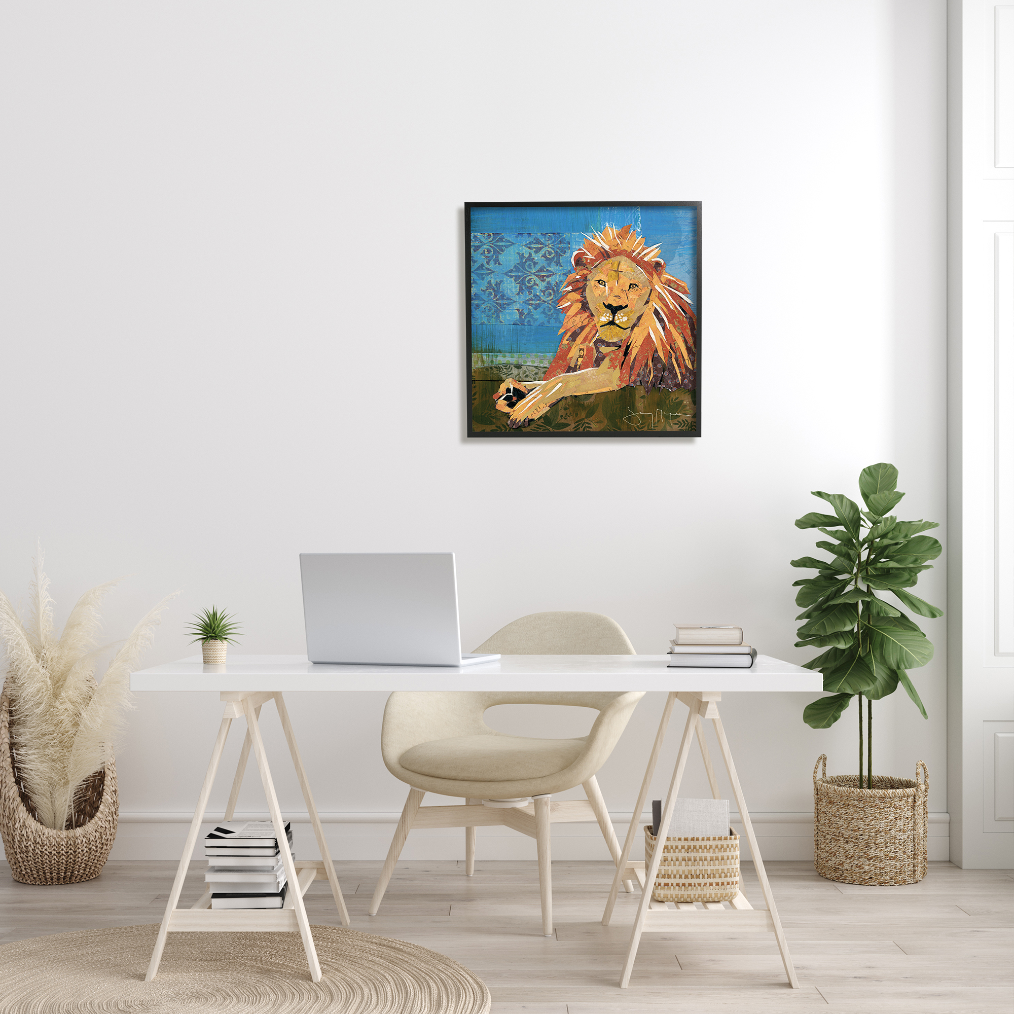 Stupell Industries Safari Lion Abstract Shape Collage Blue Orange Modern Painting Black Framed Art Print Wall Art, 24 x 24, Design by Jenny McGee