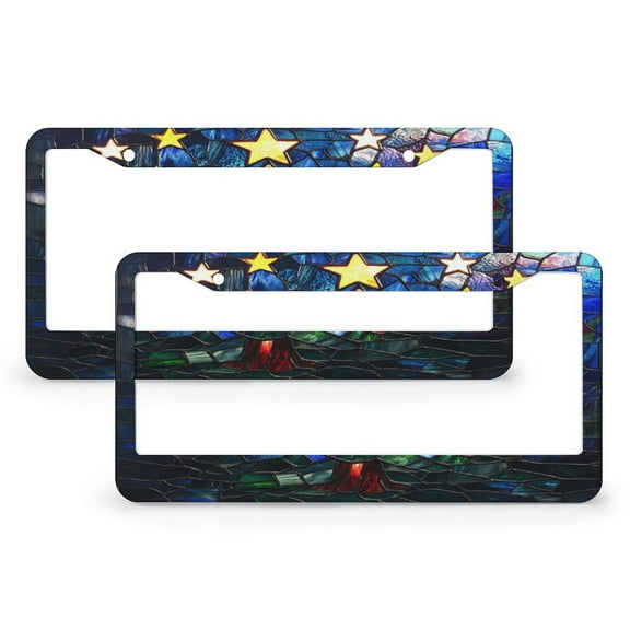 2 Pcs Set Stained Glass of Christmas Tree License Plate Frame Christmas Tree Decorative Customized Decor Car Tag Quality Aluminum 2 Round Holes for US Standard Vehicles for Women Men