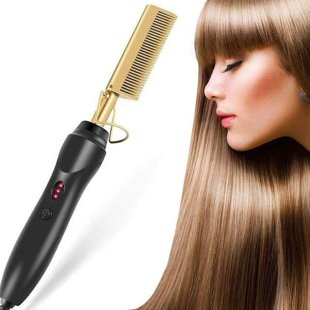 plancha de pelo con peine caliente, peine alisador eléctrico para cabello y pelucas afroamericanas, alisador de tecnología para cabello húmedo y seco, peine de calentamiento rápido para hombres con b peine alisador frontal negro con mango curvado y dos indicadores LED, peine cerámico dorado visible; mechón de cabello liso y brillante muestra el resultado; calentamiento rápido hasta 450 °F; compacto para llevar, a menudo usado también para alisar barbas y pelucas.