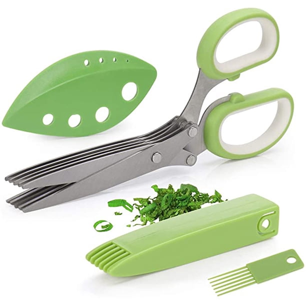 Tijeras para hierbas con 5 hojas, utensilios de cocina, cortador, picador y picadora, tijeras de cocina multiusos con funda, cepillo y pelador de hojas.