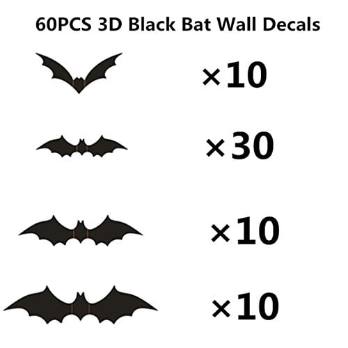 12/60Pcs 3D Bat Wall Sticker Scary Halloween Home Decoration Window Decals 