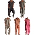 thumbnail image 4 of Women's Summer Short Sleeve Jumpsuit, Casual V Neck Loose Baggy One Piece Wide Leg Long Pant Romper Overalls with Pocket, XL-5XL, 4 of 5