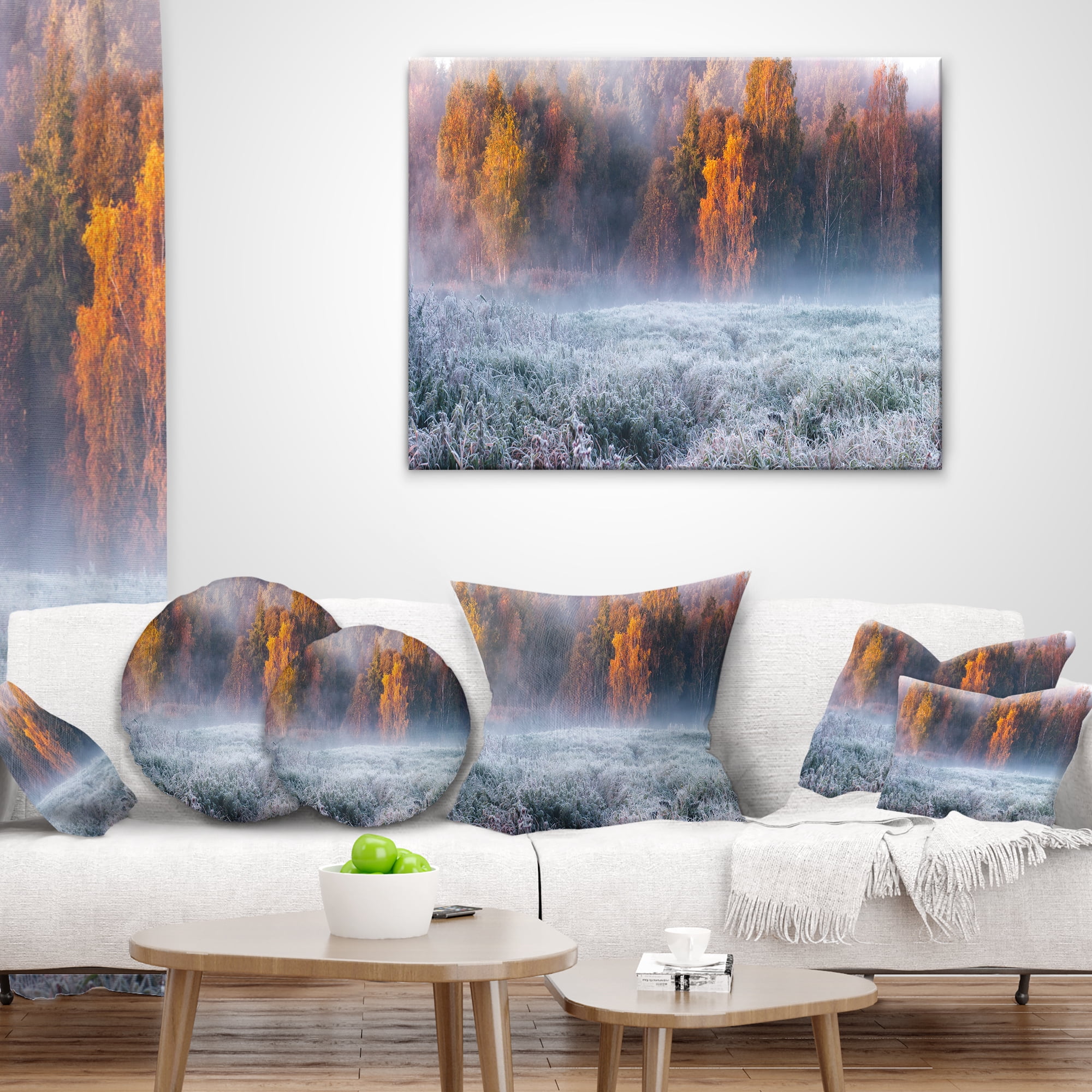 Designart Grey Hoarfrost Design by Winter - Landscape Printed Throw Pillow - 16x16
