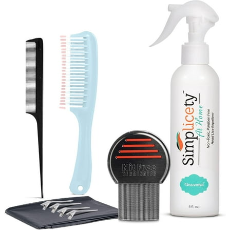 SIMPLICETY® Head Lice Full Kit, 8 Oz Lice Spray, Lice Comb, and 2 Detangling Combs, Hair Clips with Complimentary Disposable Cap and 14 Days Instructional Video Access (Unscented)