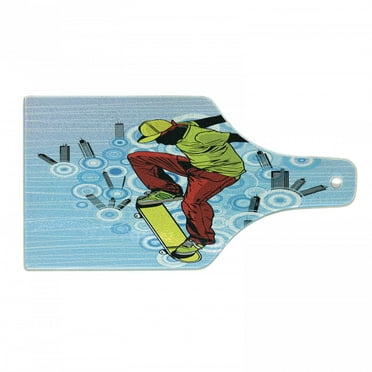 Youth Cutting Board, Teenager Playing Skateboard on Street with Abstract City Background Circles Buildings, Tempered Glass Cutting and Serving Board, Wine Bottle Shape, Multicolor, by Ambesonne