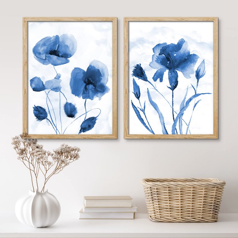 PixonSign Framed Wall Art Pastel Blue Daisy Tulip Posters, Set of