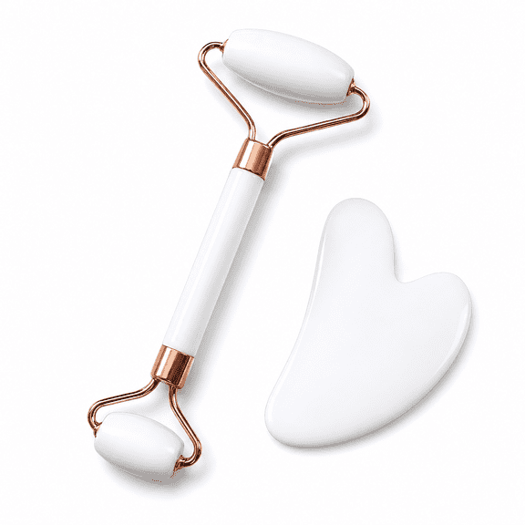 Natural Rose Quartz Facial Roller and Heart-Shaped Gua Sha Set, Dual-Sided Quartz Face Roller for Skin Revitalization, Cooling Stone Massager for Vanity Decor and Daily Self-Care Ritual