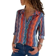 Matchstick Women's V-Neck Striped Roll-up Long Sleeve Shirts Blouses