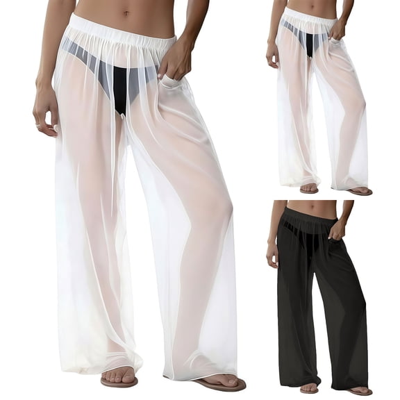 Delayuji Women's Cover Up Pants Transparency Mesh Chiffon Beach Pants Wide Leg Pant Bikini Bottom Cover Up