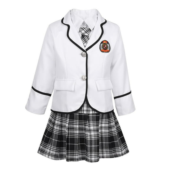 Sxiwei Boys Girls British School Uniform Long Sleeve Wide Lapel Coat with Shirt Tie Mini Skirt Set White 120