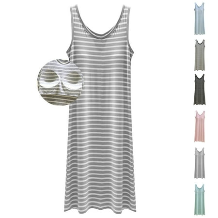 NANAIQ Women s Summer Round Neck Striped Sleep Dress with Built-in Bra Breathable Nightgown for Lounge  Sleepwear & Home Comfort Sexy Pajama Dress & Lingerie Womens Slip Dress Light Green L