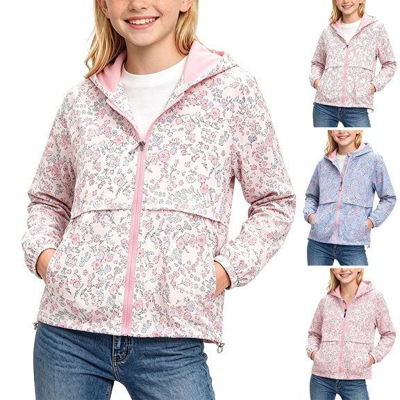 Afuyipoi Girls Floral Print Hooded Windbreaker Jacket（For 2-12 Years） Lightweight Waterproof Outdoor Casual Coat School Play Blue Size 3T