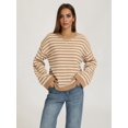 thumbnail image 4 of Women's Long Sleeve Sweater Striped Oversized Sweaters Casual Crewneck Knit Tops Khaki L, 4 of 10