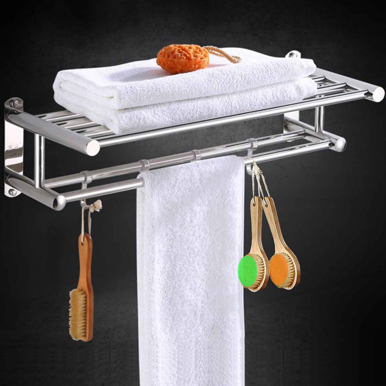 HKEEY Bathroom Towel Rack Towel Shelf with Two-Tier Architecture, Towel Bars Hand Towel Holder, 4 Adjustable Hooks and Towel Bar, 19.7' Stainless Steel Towel Rack