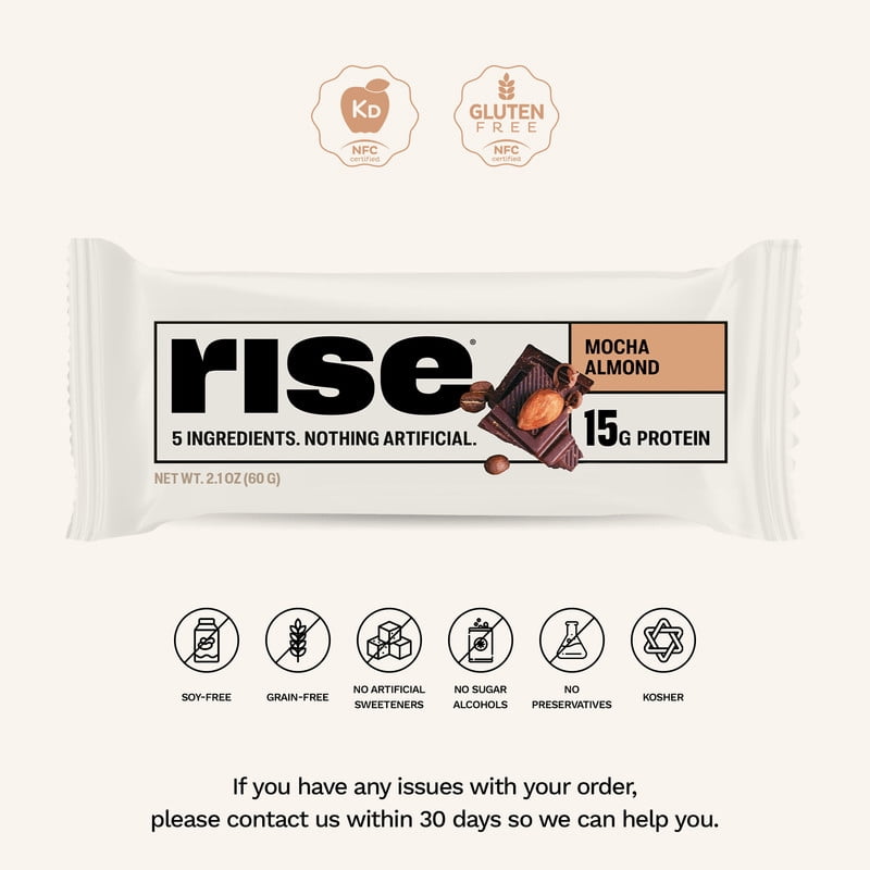 Rise Whey Protein Bars - Mocha Almond | Breakfast Bar & Protein Snack 15g Protein 4g Fiber Just 5 Whole Food Ingredients Gluten-Free Soy Free (12 Count)
