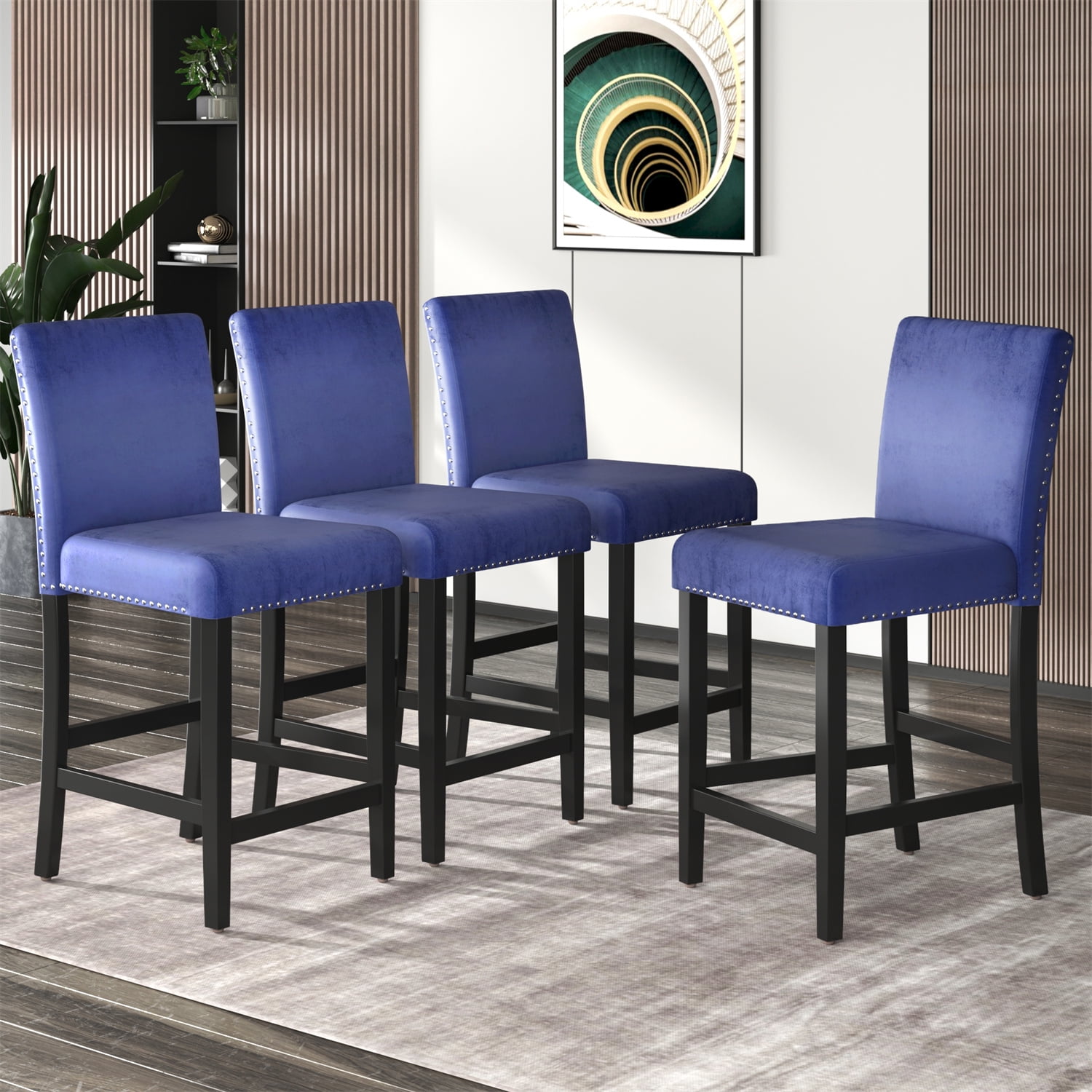 4 Pieces Wooden Counter Height Velvet Upholstered Dining Chairs for