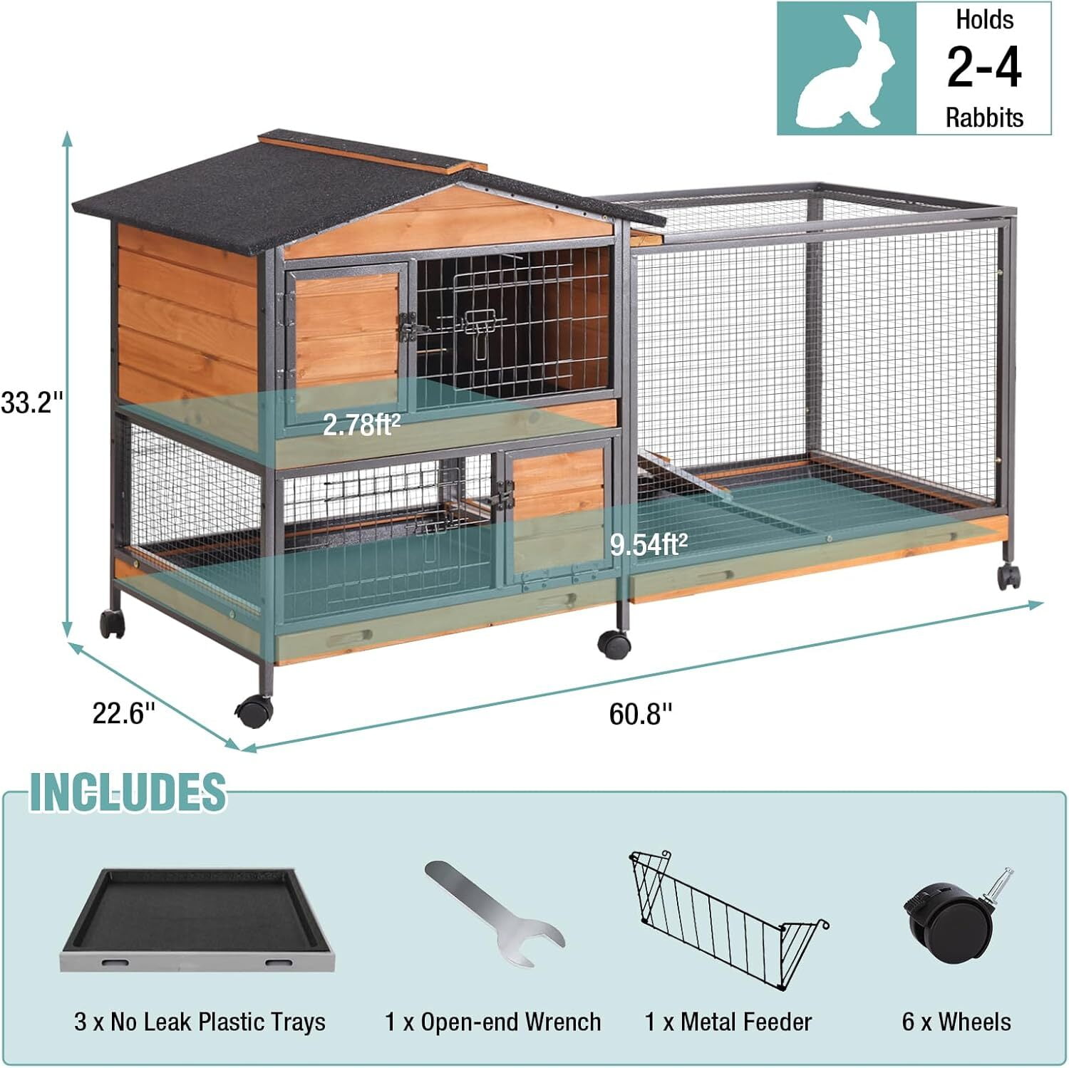 Aivituvin 2-Story Rabbit Cage with Chew-Proof Metal Frame for Indoor/Outdoor 62" Bunny Hutch Guinea Pig Wooden Cages with Wheels & 2 Removable Trays