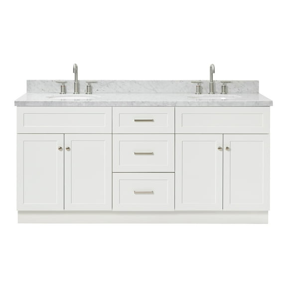 Ariel Hamlet 73 In. Double Oval Sink Vanity With Carrara White Countertop In White