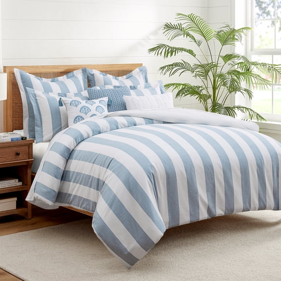 Levtex Home – Cabana Woven Stripe Full/Queen Comforter Set – 88x92in Comforter and 2 Standard Shams (20x26in) – Blue and White Vertical Stripe – Reversible – Cotton